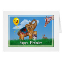 Birthday, 12th, Elephant, Giraffe, Rabbit, Balloon Greeting Card