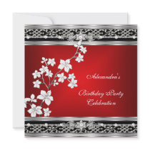 Birthday Asian Red Black Floral Silver White Custom Invite