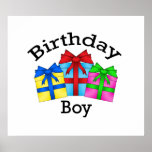 Birthday boy in black with presents posters