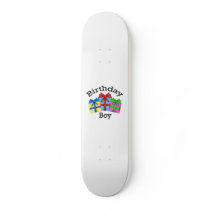 Birthday boy in black with presents skateboard deck