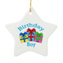Birthday boy in blue with presents ornament