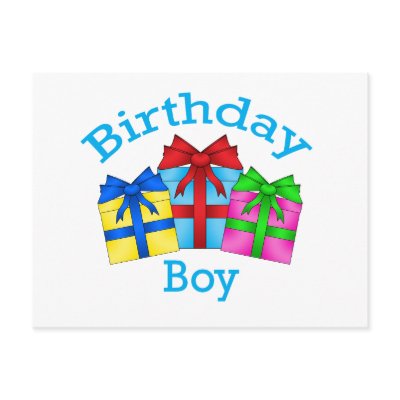 Birthday boy in blue with presents post card by Brothergravydesigns