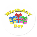 Birthday boy in yellow with presents sticker