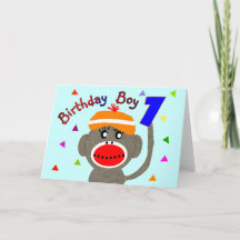 Birthday BOY Sock monkey 1 year old Greeting Cards