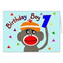 Birthday BOY Sock monkey 1 year old Greeting Cards