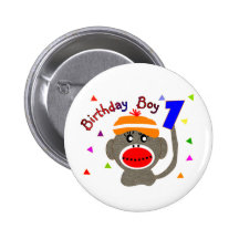 Birthday BOY Sock monkey 1 year old Pinback Button