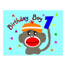 Birthday BOY Sock monkey 1 year old Post Card