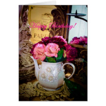 BIRTHDAY CARD SHOWING ANTIQUE TEA POT WITH ROSES