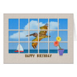 Birthday Card with Brown Pelican and Flowers