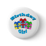 Birthday girl in blue with presents pinback button