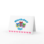Birthday girl in blue with presents card