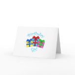 Birthday girl in blue with presents card