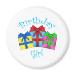 Birthday girl in blue with presents fridge magnet