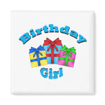 Birthday girl in blue with presents refrigerator magnets