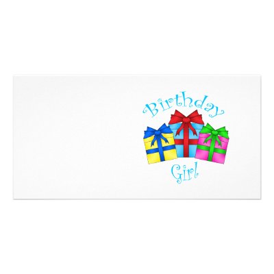 Birthday girl in blue with presents photo cards by Brothergravydesigns