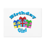 Birthday girl in blue with presents postcard