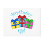 Birthday girl in blue with presents postcards