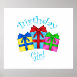 Birthday girl in blue with presents posters