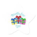 Birthday girl in blue with presents star stickers