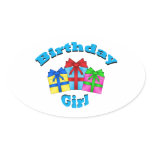 Birthday girl in blue with presents oval stickers