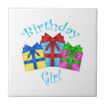 Birthday girl in blue with presents ceramic tile