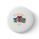 Birthday girl in orange with presents pinback button