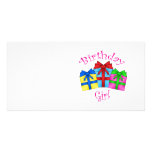 Birthday girl in pink with presents personalized photo card