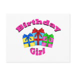 Birthday girl in pink with presents post card
