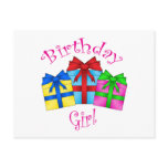 Birthday girl in pink with presents postcards