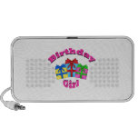 Birthday girl in pink with presents travelling speaker