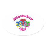 Birthday girl in pink with presents oval sticker