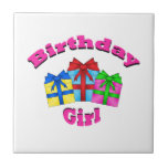Birthday girl in pink with presents ceramic tile