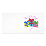 Birthday girl in purple with presents personalized photo card