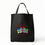 Birthday girl in red with presents bag