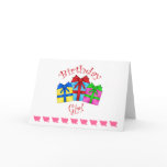 Birthday girl in red with presents greeting card