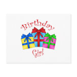 Birthday girl in red with presents post cards