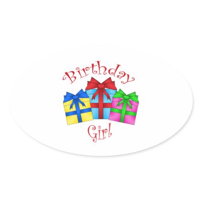 Birthday girl in red with presents oval sticker by Brothergravydesigns