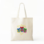 Birthday girl in yellow with presents canvas bags