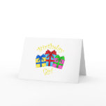 Birthday girl in yellow with presents card