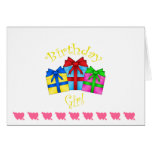 Birthday girl in yellow with presents cards