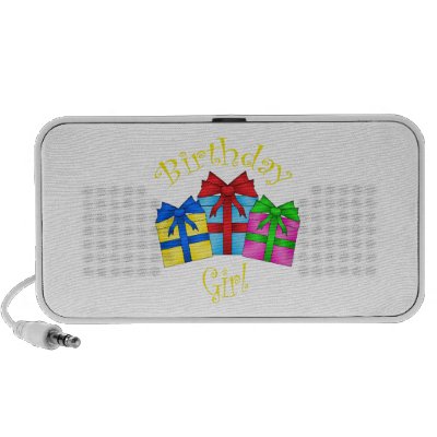 Birthday girl in yellow with presents laptop speakers by Brothergravydesigns