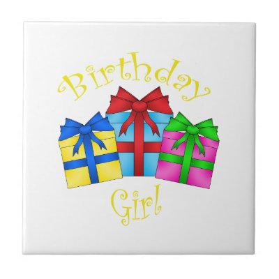 Birthday girl in yellow with presents ceramic tiles by Brothergravydesigns