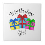 Birthday girl with presents tile
