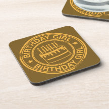 Birthday Girl -yellow rubber stamp effect- Beverage Coaster