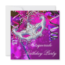 Birthday Masquerade Party Mask Silver Pink Custom Invitations