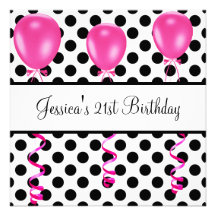Birthday Party Black & White Spots Pink Balloons Personalized Invitation