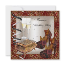 Birthday Party Damask Red Gold Shoes Cream Custom Invites