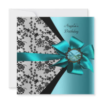 Birthday Party Damask Teal Blue Black Bow Jewel Announcements