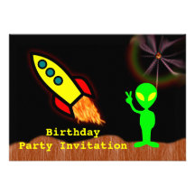 Birthday party invitation with alien and rocket