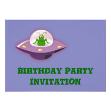 Birthday party invitation with alien in spaceship